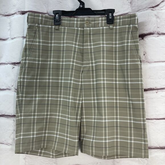 Nike Golf Shorts Mens SZ 34 Plaid Flat Front Performance Dri Fit Chino Tan Blue - Picture 1 of 12